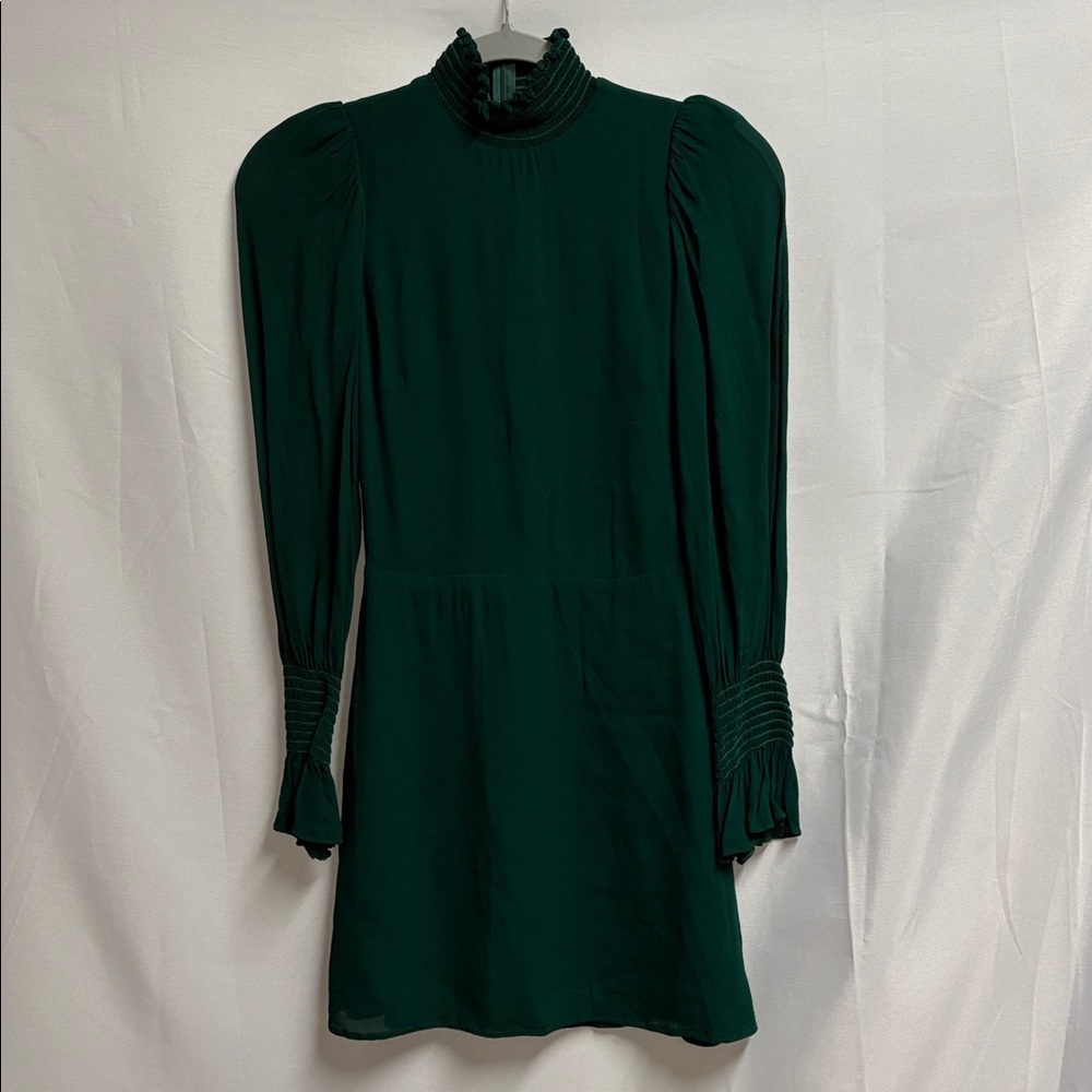 Reformation Archie Shirred Long Sleeve Mini Dress Emerald Green Size 0 - Picture 3 of 7